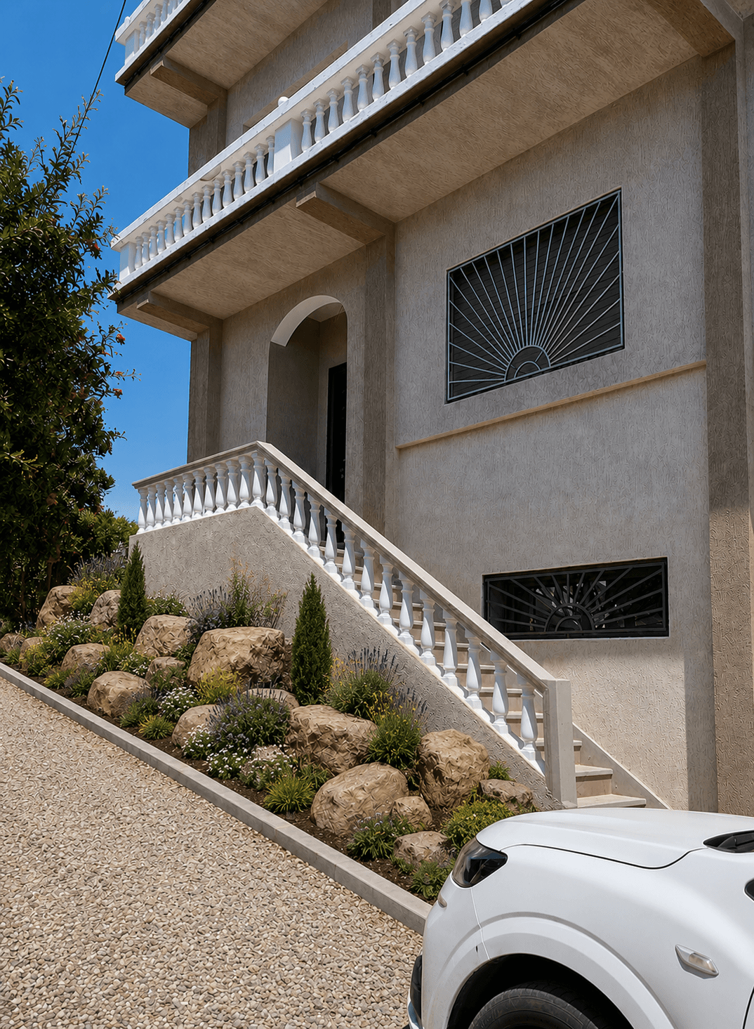 Terrasse avec piscine et salon d'extérieur après rénovation