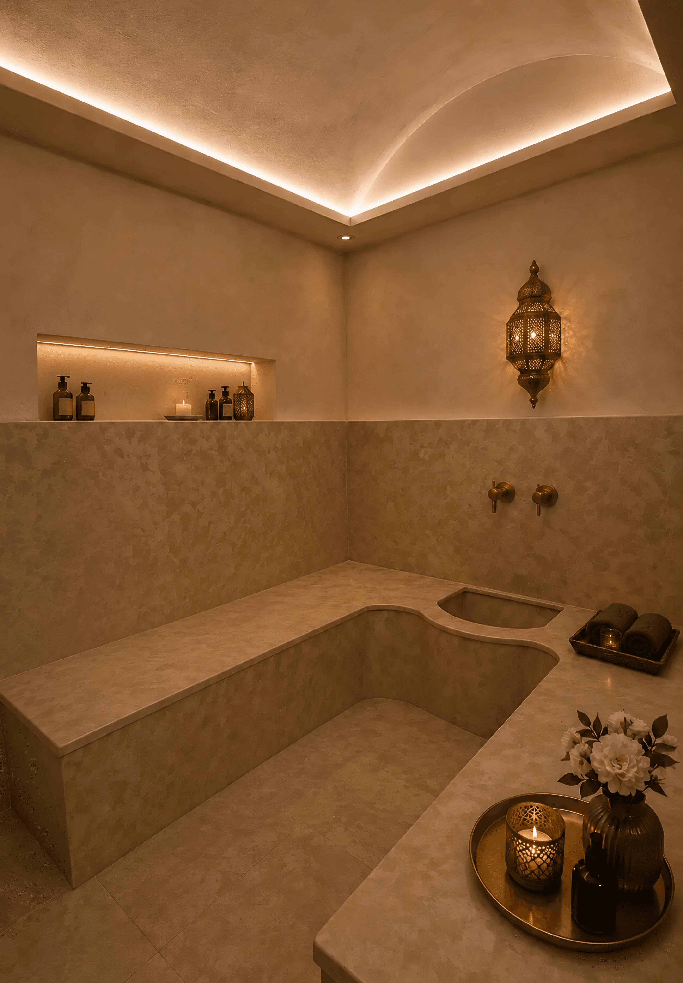 Une parenthèse de sérénité au cœur du hammam, où l'artisanat marocain s'illumine d'une modernité feutrée.
